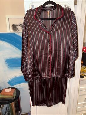Black Satin Stripe Women's Pajama Set with Red Pinstripes